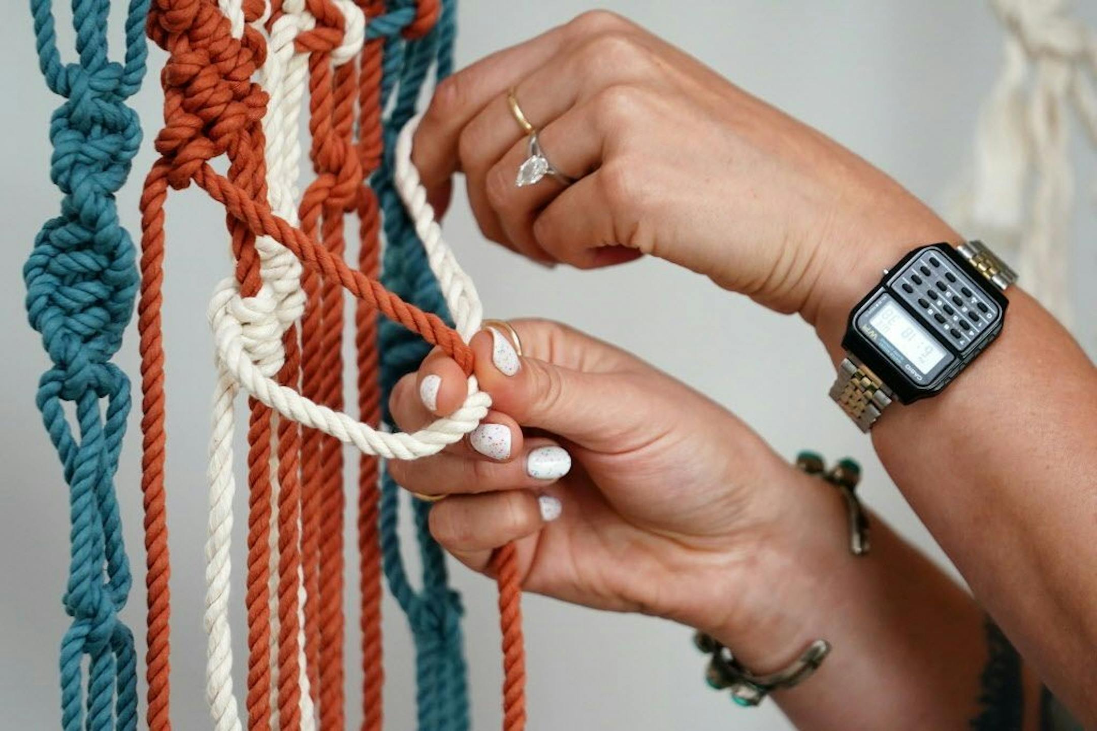 Emily Katz demonstrated the basic techniques of the craft during her macrame class.