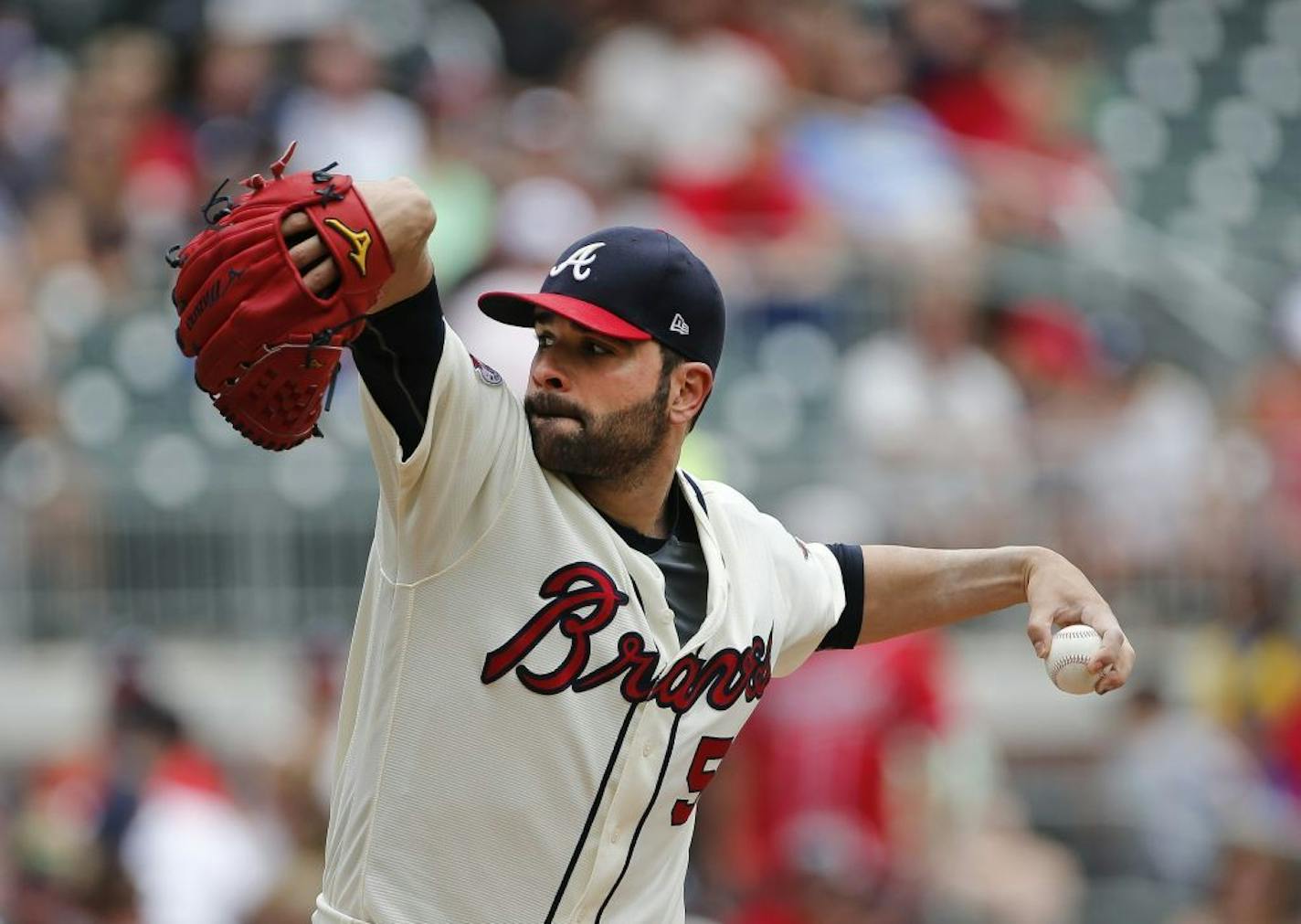 Atlanta Braves starting pitcher Jaime Garcia (54) works in the first inning of a baseball game against the Arizona Diamondbacks, Sunday, July 16, 2017, in Atlanta.