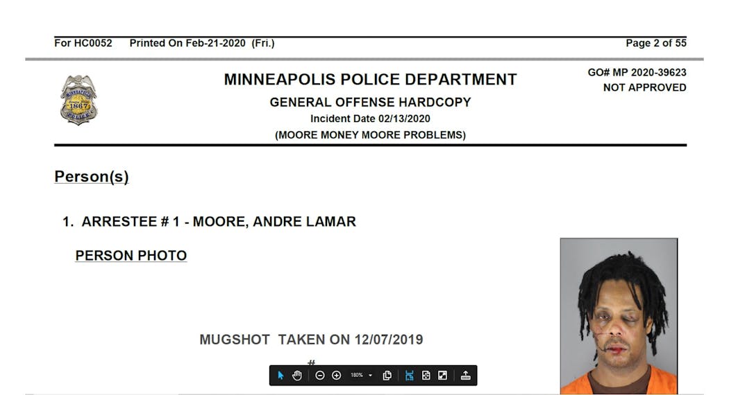 A screenshot of Andre Moore’s case file uses the booking photo of his battered face, while he is referred to at top as “Moore Money Moore problems.”
