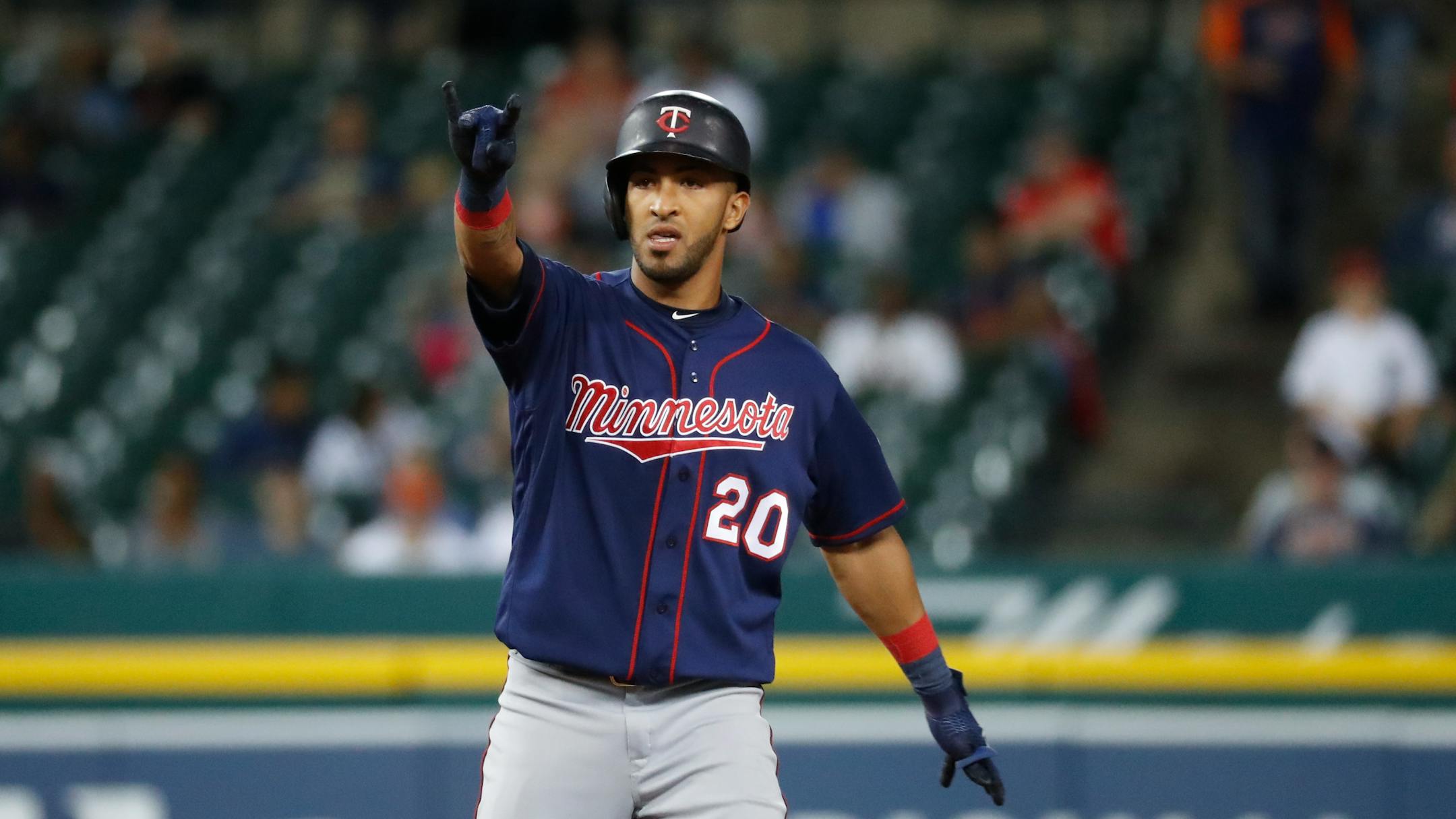 Eddie Rosario celebrated hitting a two-run double in the seventh inning in Detroit.