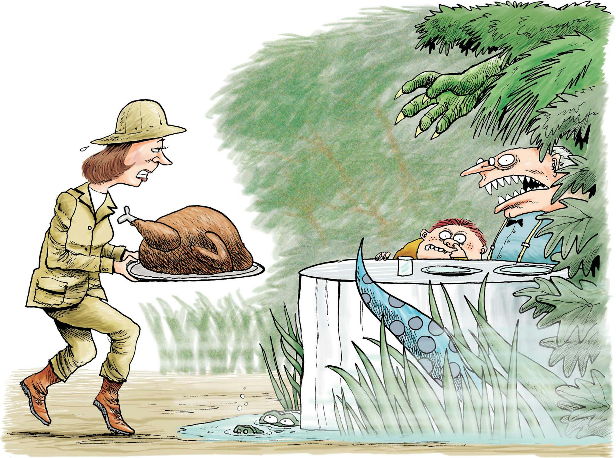 300 dpi Gary Markstein color illustration of overheated mom in safari gear lugging holiday turkey to beastly and rude relatives at monster-surrounded table. Milwaukee Journal-Sentinel 2006<p> survivor holiday entertaining food cooking turkey ettiquette family stress hostess crocodile alligator monster relatives children grandpa safari nose picking animal, krtfall fall, krtholiday holiday, krtthanks thanksgiving day, krtfeatures features, krtnational national, krtworld world, krtentertainment ent