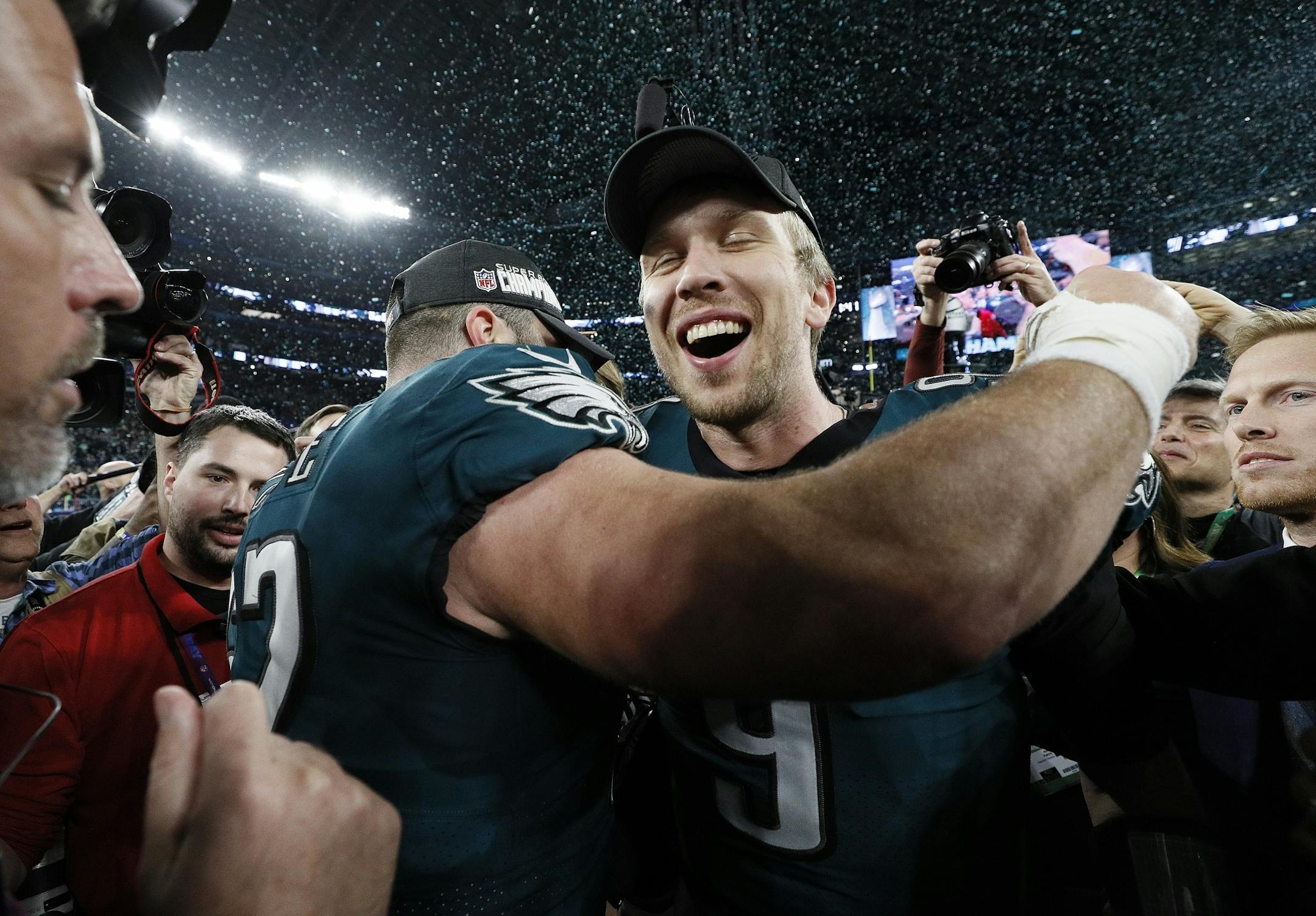 Eagles quarterback Nick Foles (9) joined teammates in celebrating their victory over the New England Patriots in Super Bowl LII at U.S. Bank Stadium in Minneapolis.