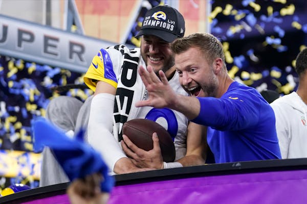 Rams coach Sean McVay, right, and quarterback Matthew Stafford after they won the Super Bowl in February.