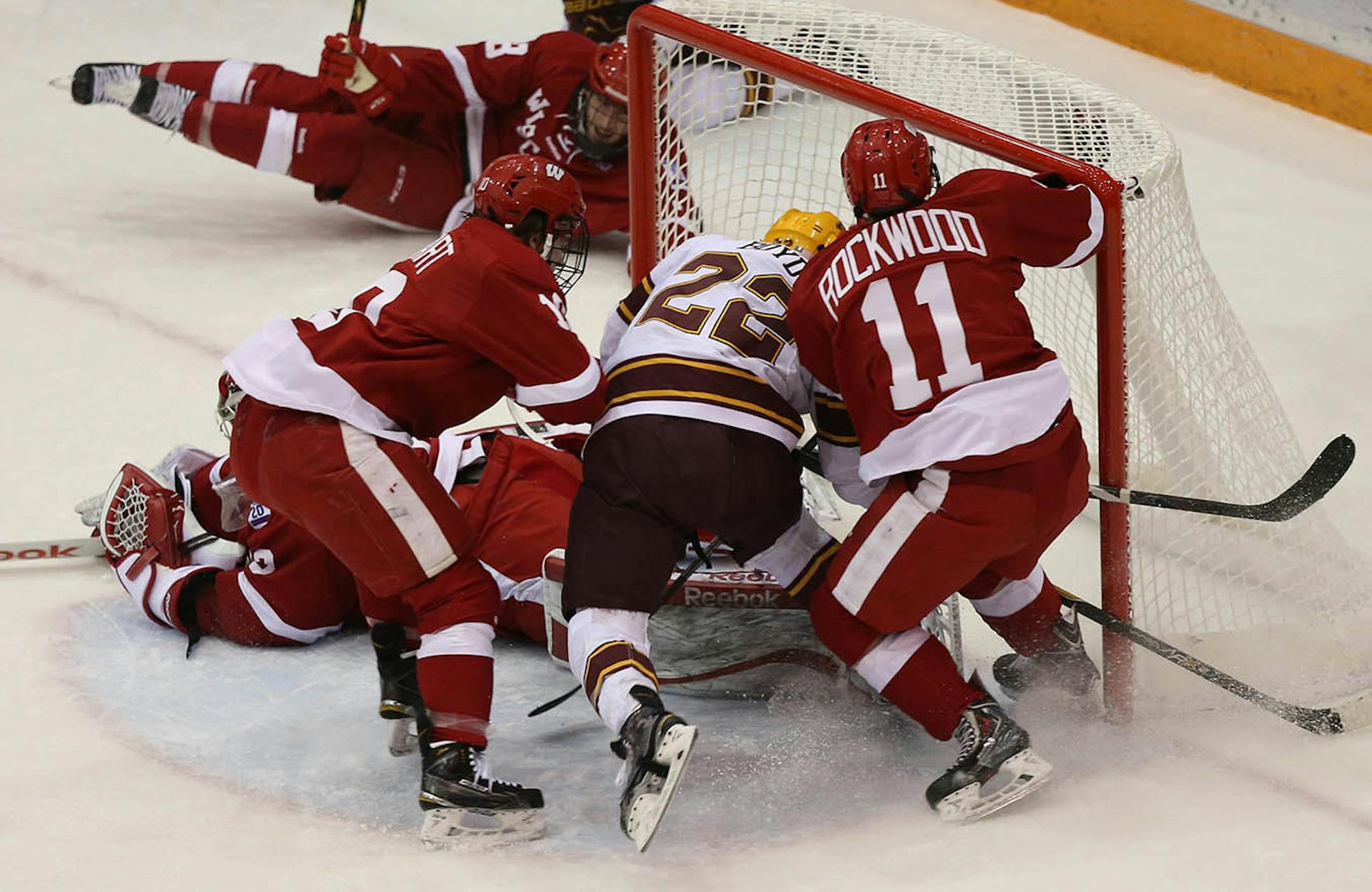 Gophers Travis Boyd scored his second goal on a rebound during the first period. ] (KYNDELL HARKNESS/STAR TRIBUNE) kyndell.harkness@startribune.com Gophers vs Wisconsin at Mariucci Arena in Minneapolis Min., Saturday, January 17, 2014.