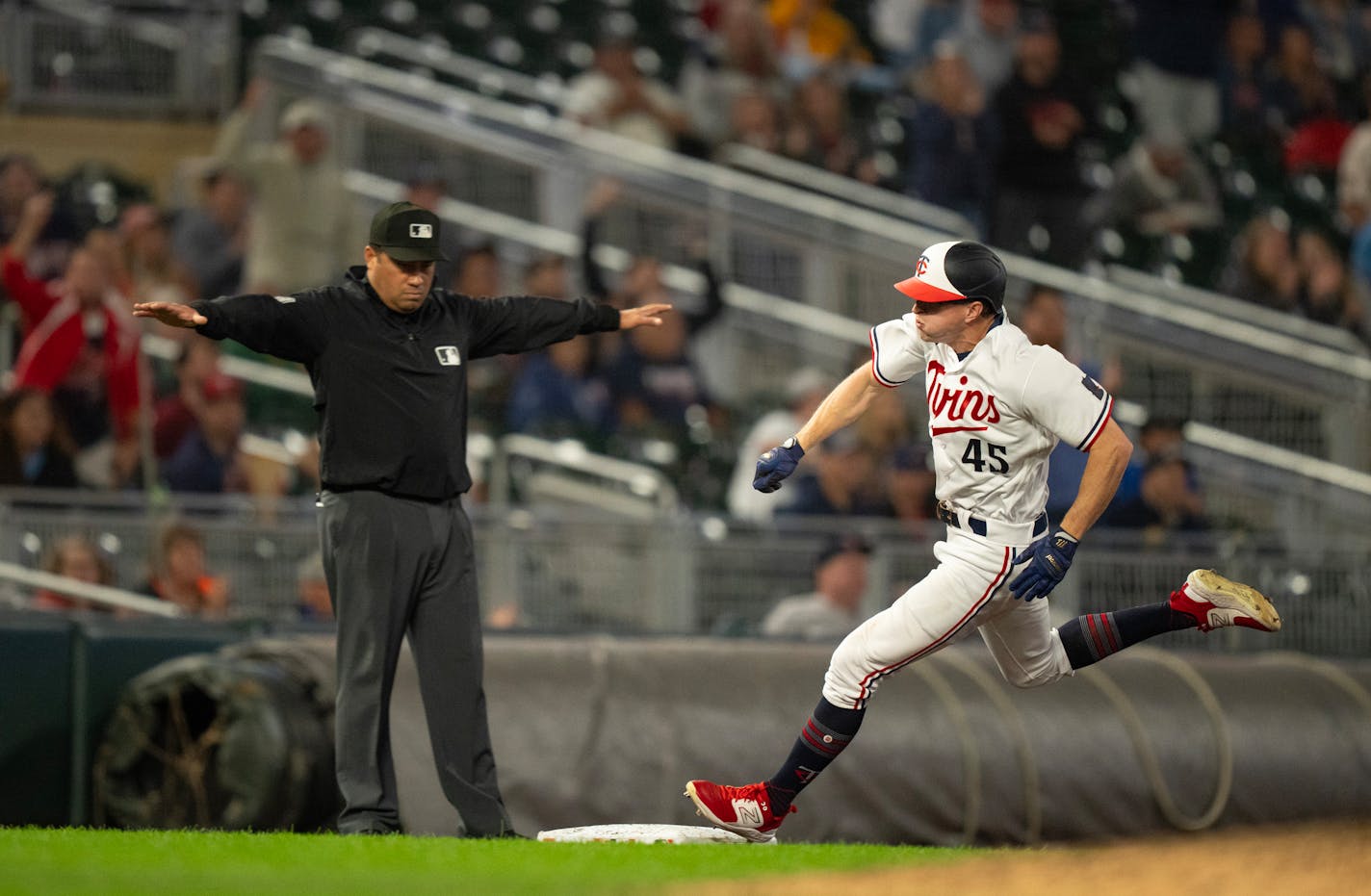 Minnesota Twins center fielder Andrew Stevenson (45) headed for home with what proved to be the winning run on a double to right by Twins left fielder Trevor Larnach in the eighth inning. He was pinch running for Max Kepler. The Minnesota Twins defeated the Oakland Athletics 6-4 in an MLB baseball game Wednesday night, September 27, 2023 at Target Field in Minneapolis. ] JEFF WHEELER • jeff.wheeler@startribune.com