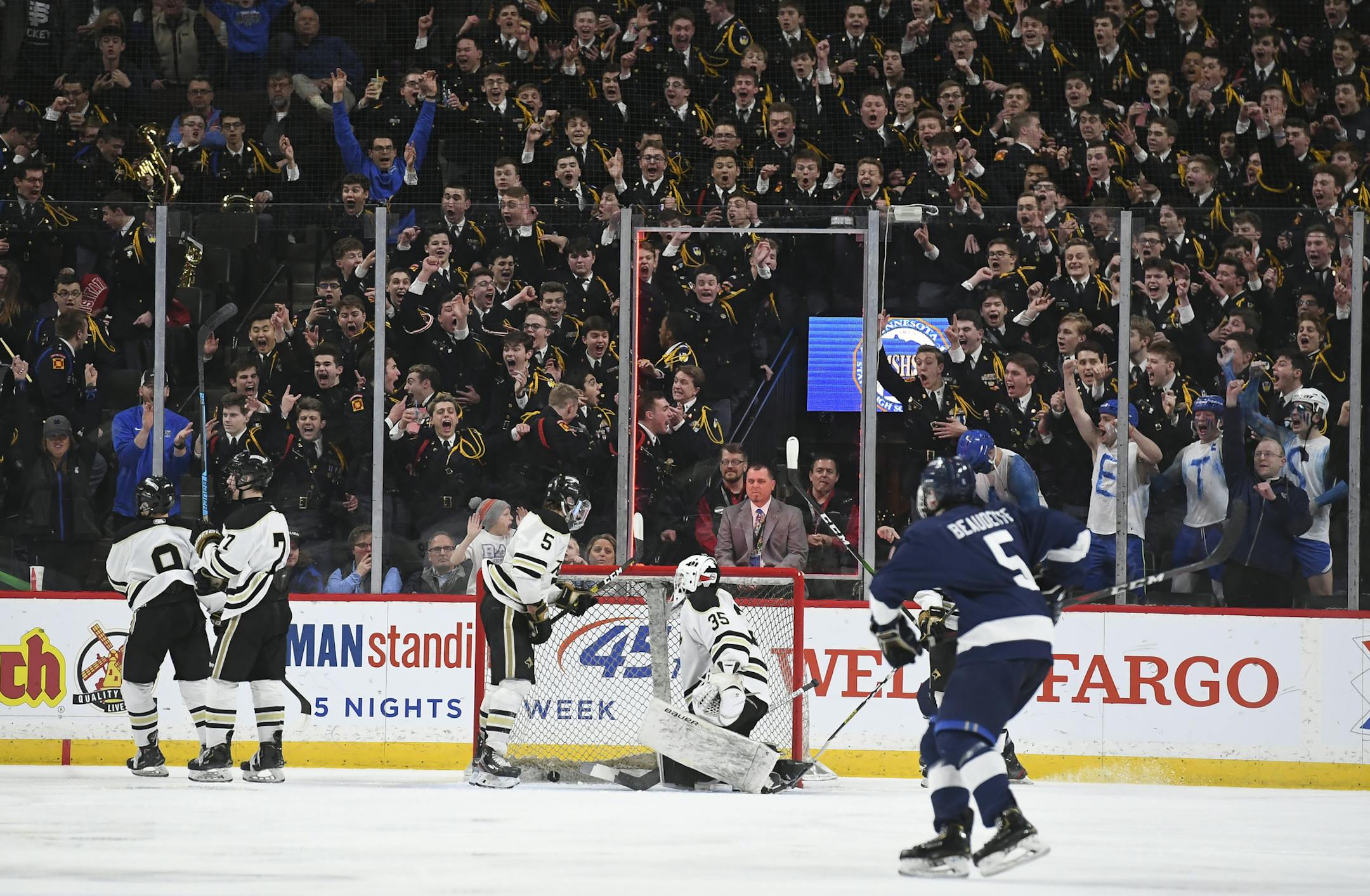 The St. Thomas Academy student section celebrated a second period goal against Andover. ] Aaron Lavinsky • aaron.lavinsky@startribune.com Andover played St. Thomas Academy in a Class 1A state tournament quarterfinal game on Thursday, March 5, 2020 at the Xcel Energy Center in St. Paul, Minn.