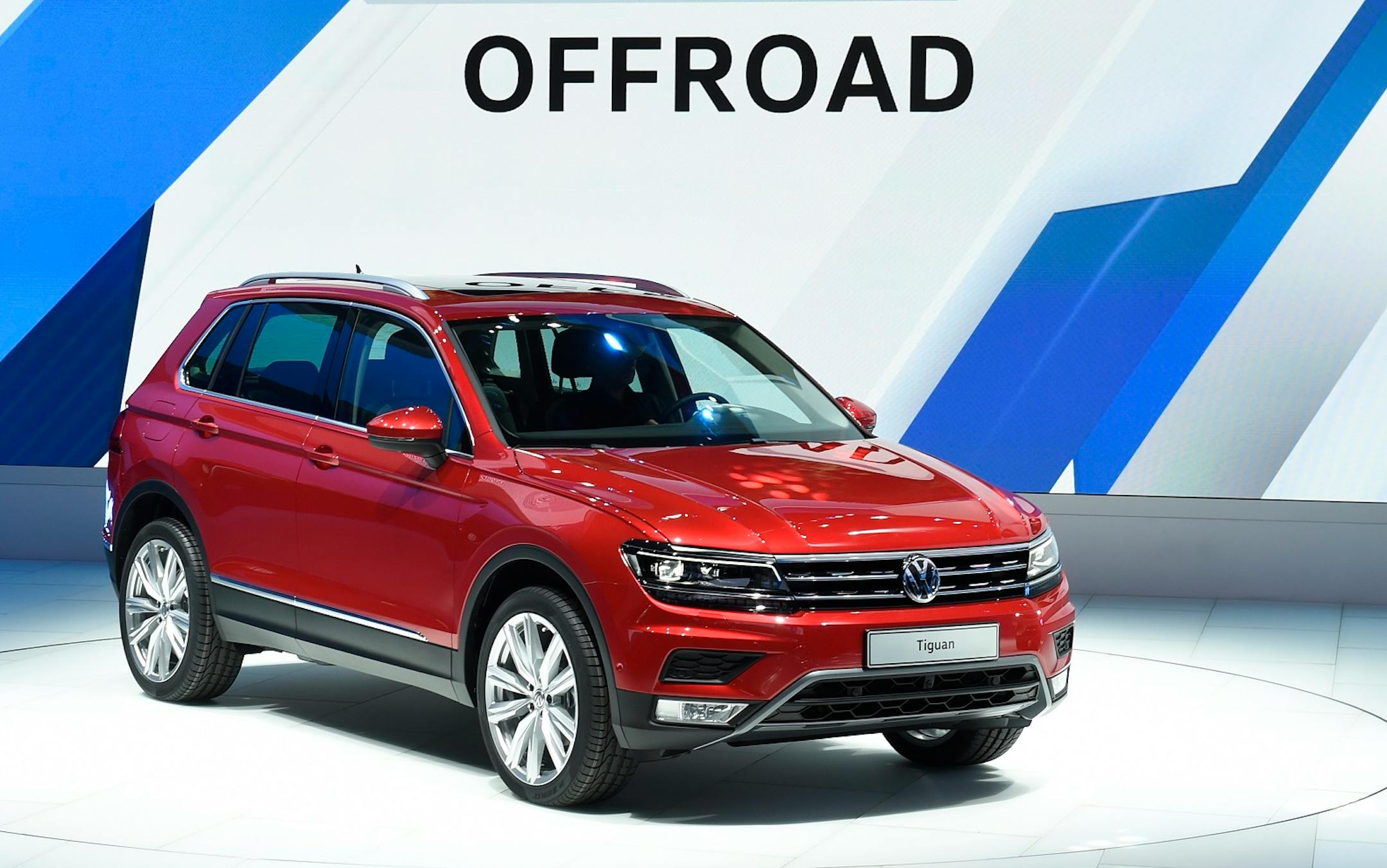 The new Volkswagen Tiguan SUV has its premiere on the first press day of the Frankfurt Auto Show IAA in Frankfurt, Germany, Tuesday, Sept. 15, 2015. The car show runs through Sept. 27. (AP Photo/Jens Meyer)