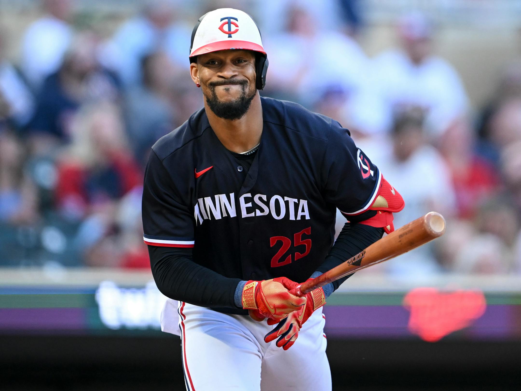 Minnesota Twins designated hitter Byron Buxton (25) reacts after hitting a fly ball, which was caught for an out in the bottom of the fifth inning against the Boston Red Sox Tuesday, June 20, 2023, at Target Field in Minneapolis, Minn.