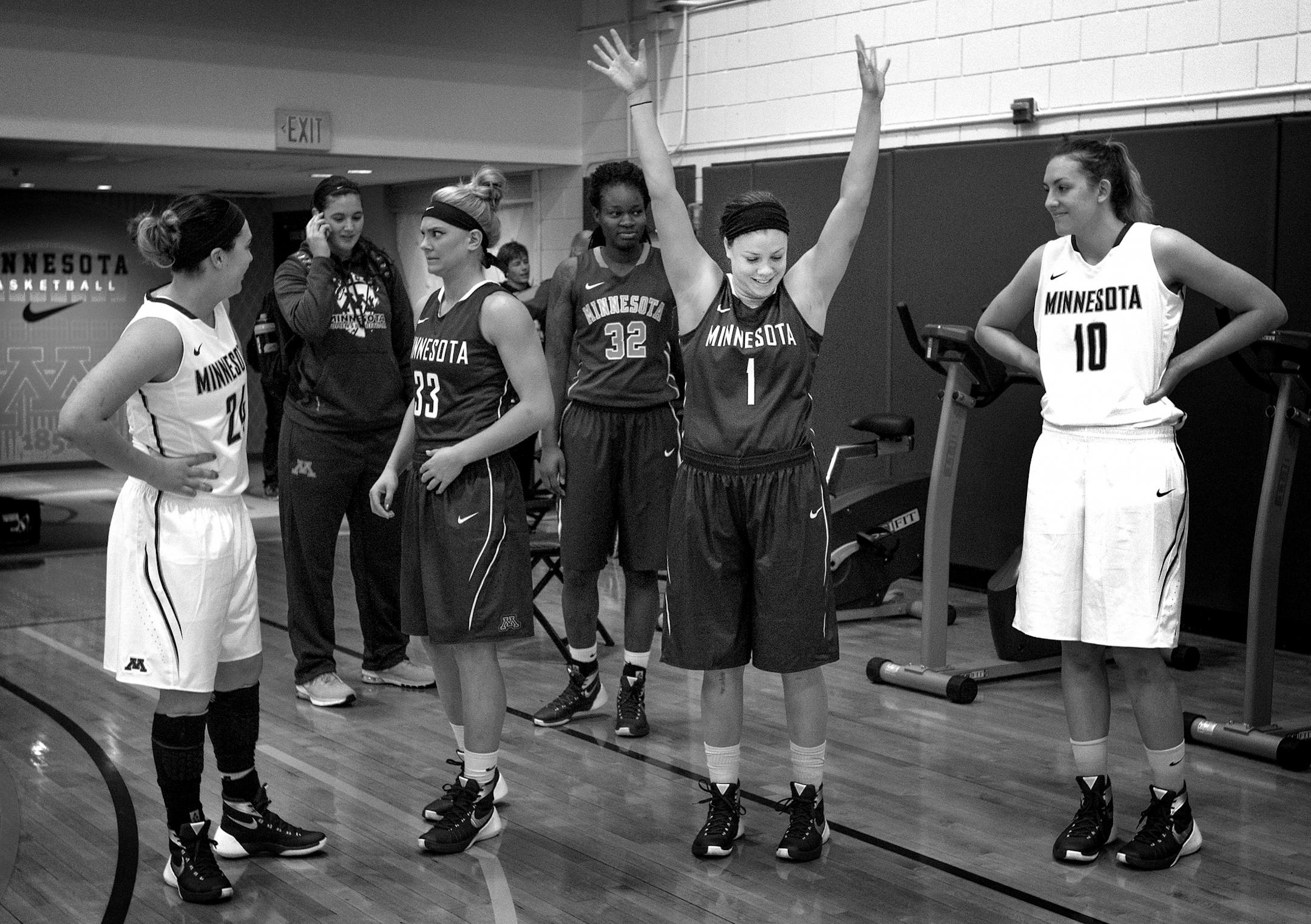 November 5, 2015 - Rachel Banham stretched out before the start of the team's media day before the 2015-16 season. At the beginning of the season Banham needed 107 points to break the school's scoring record held by Gophers great Lindsay Whalen.