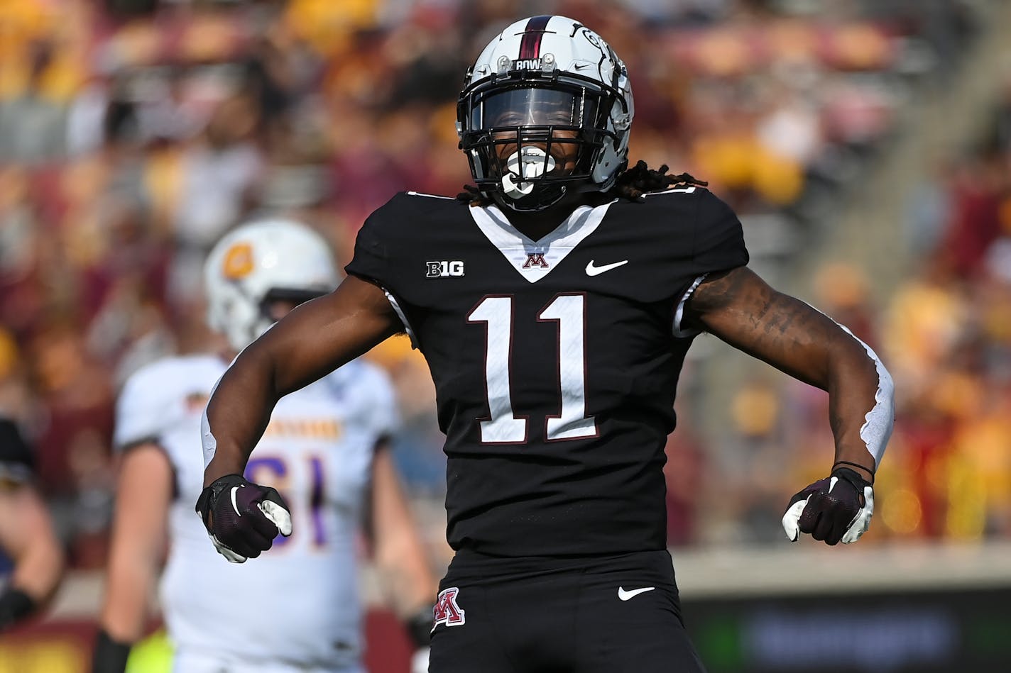 Minnesota Gophers defensive back Michael Dixon (11) celebrates after a tackle against Western Illinois during the first quarter Saturday, Sept. 10, 2022 at Huntington Bank Stadium in Minneapolis, Minn. ] aaron.lavinsky@startribune.com