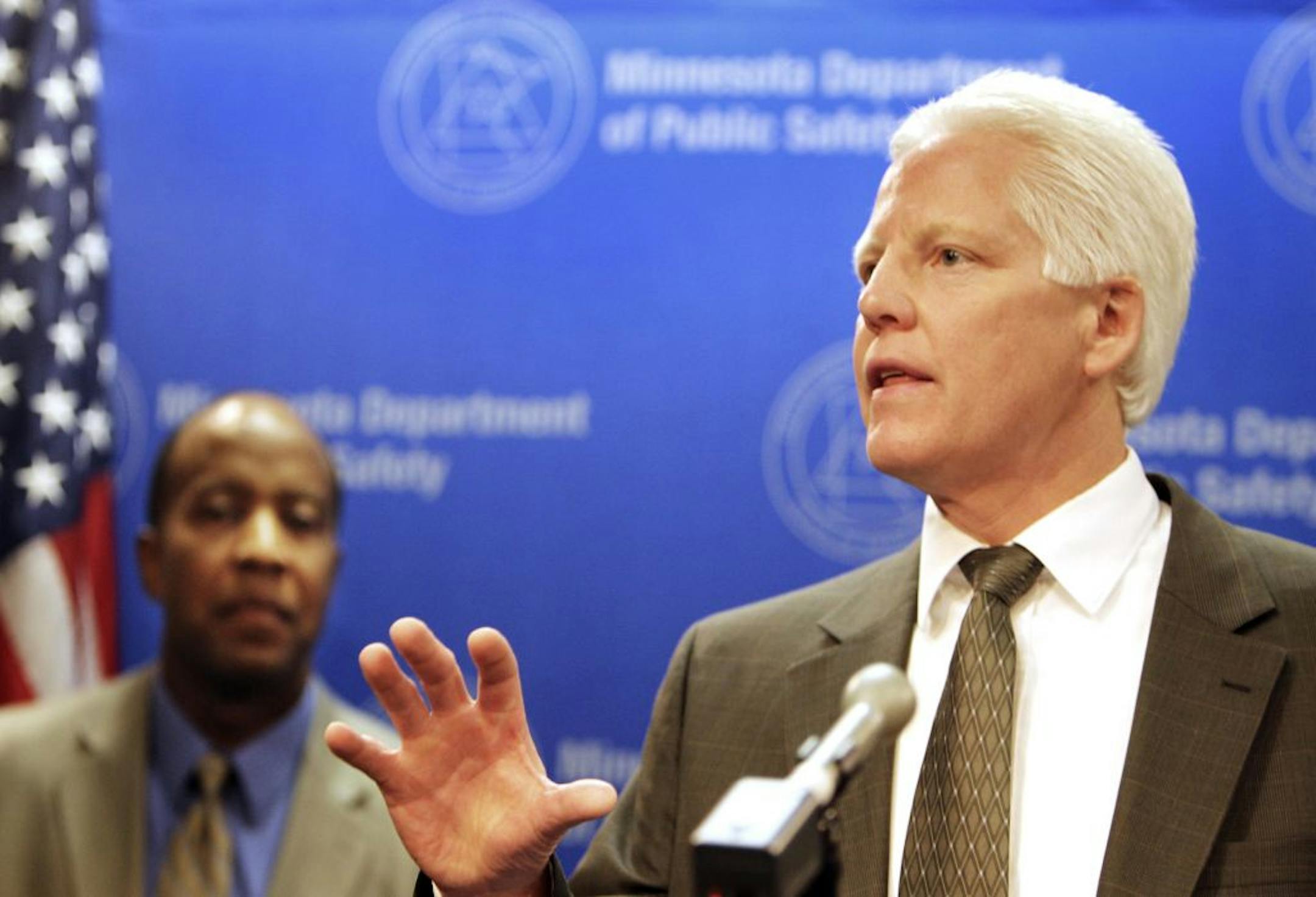 Dave Bjerga, BCA superintendent, spoke to media members. Behind him is Sgt. Steve McCarty of the Minneapolis Police.