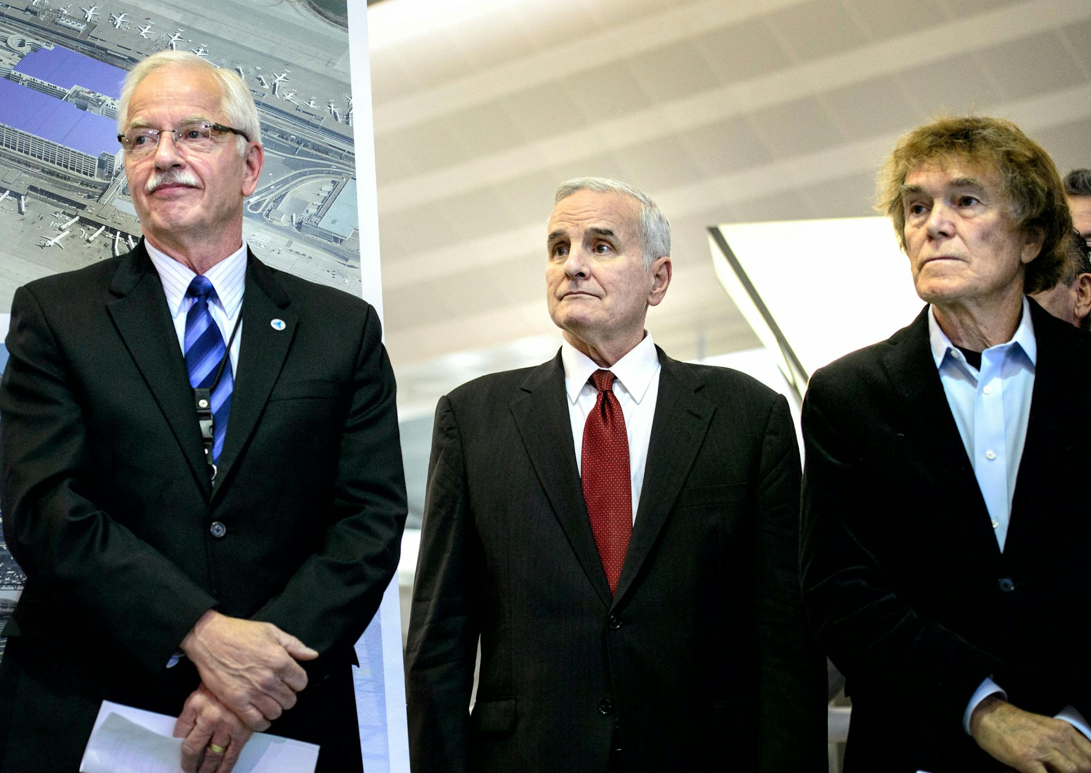 MAC CEO Jeff Hamiel, Governor Mark Dayton and explorer Will Steger. St. Paul International Airport formally launched construction of largest solar power installation in Minnesota. Speakers included Governor Dayton, explorer Will Steger, the airports Jeff Hamiel, George Sakellaris, president and CEO of Ameresco and Mark Andrew, president and found of Greenmark. Minneapolis St. Paul International Airport will house a 3-megawatt solar installation on the top deck of two Terminal 1 parking structure
