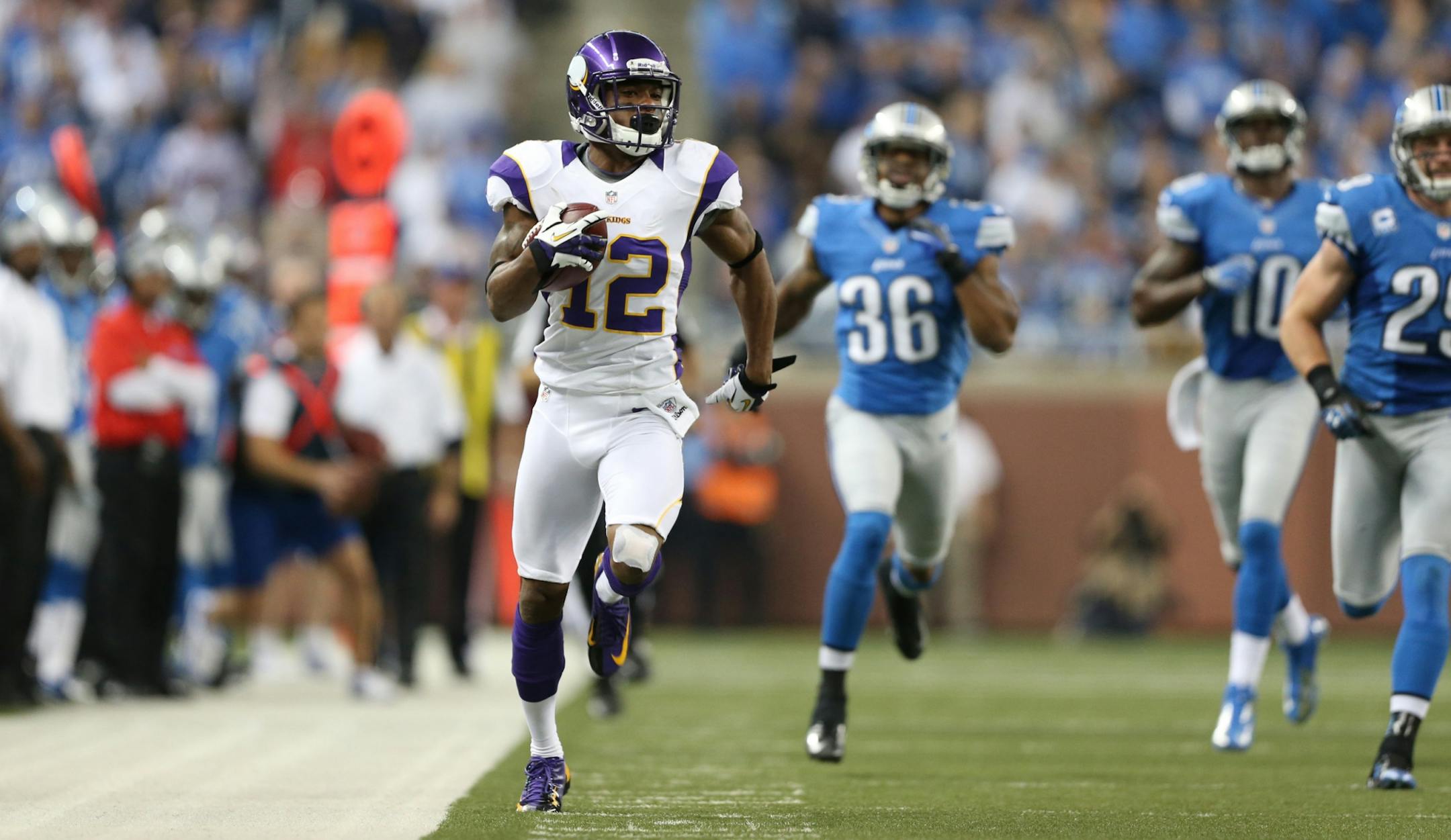 Minnesota Vikings wide receiver Percy Harvin scored a touchdown on the opening kicks off during Sunday's NFL action between the Minnesota Vikings and Detroit Lions at Ford Field September 30, 2012, in Detroit, MI.