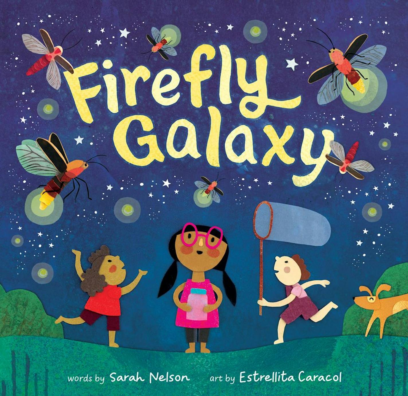 cover of "Firefly Galaxy" is a painting of children trying to catch fireflies