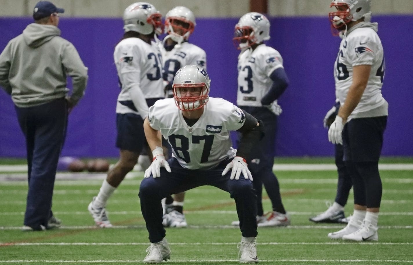 Rob Gronkowski warmed up Thursday with his teammates at Thursday's practice at Winter Park in Eden Prairie. The star tight end has officially cleared concussion protocol. He was injured on a helmet-to-helmet hit during the AFC Championship Game on Jan. 21.