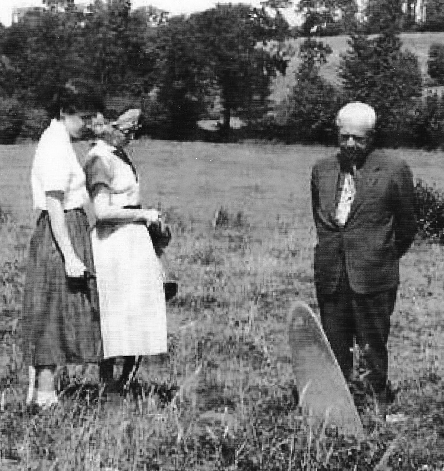 Lt. William McGowan's sisters, Mary Jo (left) and Patricia (not pictured) and parents, Mary and Joe, visited the crash site in 1953, where the propeller of the P-47 had been deeply embedded in a farmer's field near the village of Moon-sur-Elle.