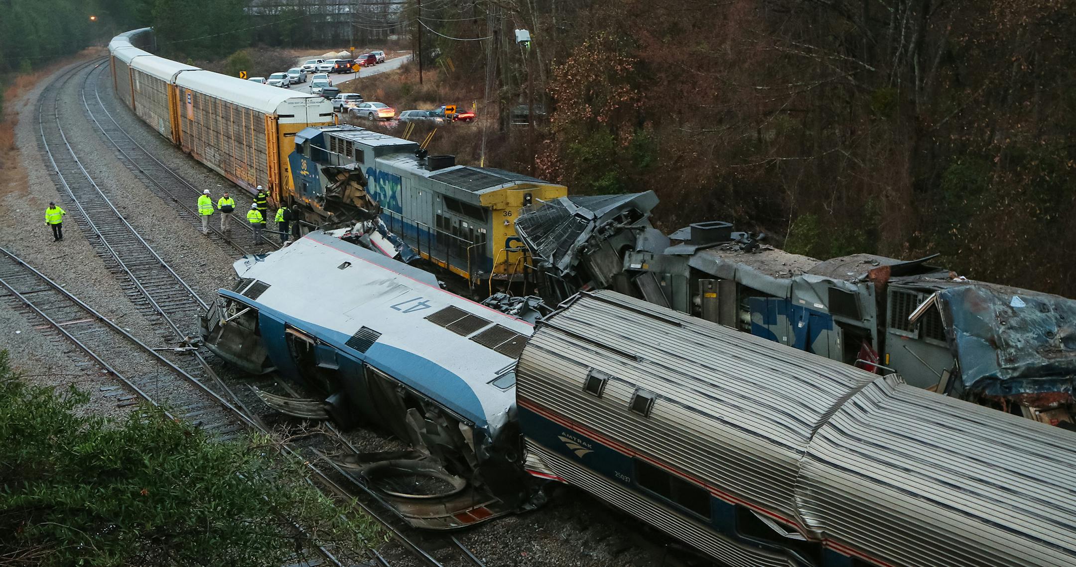 The scene on Feb. 4, 2018 after an Amtrack train crashed into a CSX frieght train in Cayce, S.C. The engineer and conductor were killed. (Tim Dominick/The State/TNS) ORG XMIT: 1222859