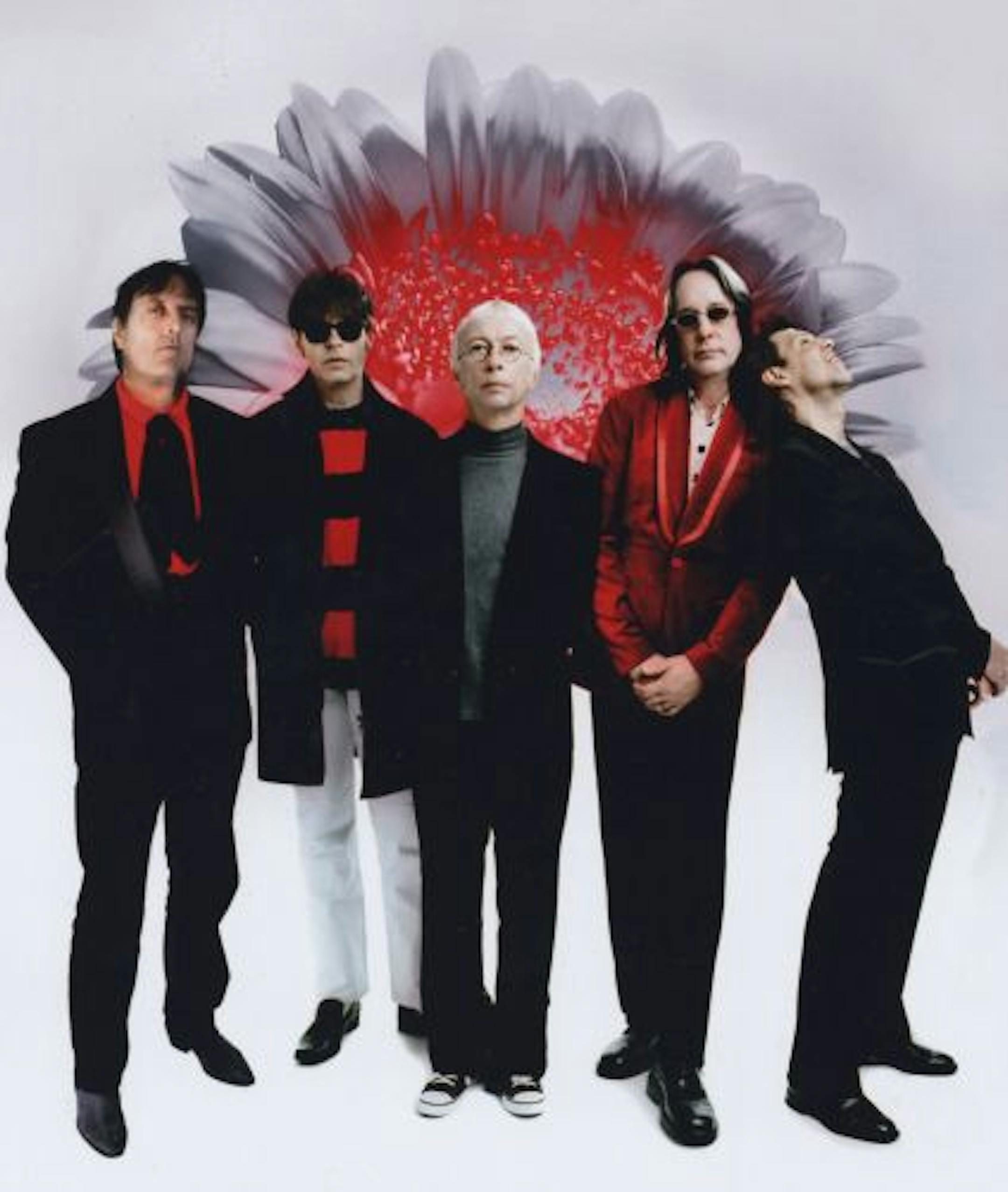 The New Cars, music group. Shown left to right are Prairie Prince, Elliot Easton, Greg Hawkes, Todd Rundgren, and Kasim Sulton.