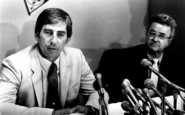 June 1985 Metrodome-Twins room...press conference announcing new manager Ray Miller (left) and Howard Fox Donald Black, Minneapolis Star Tribune