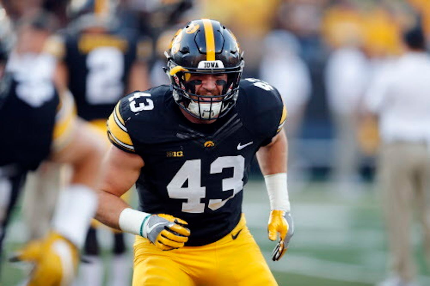 FILE - In this Saturday, Sept. 23, 2017, file photo, Iowa linebacker Josey Jewell warms up before an NCAA college football game against Penn State in Iowa City, Iowa. Jewell has saved his best football for his last season, earning two of the Big Ten's four defensive player of the week honors handed out so far. (AP Photo/Jeff Roberson, File)