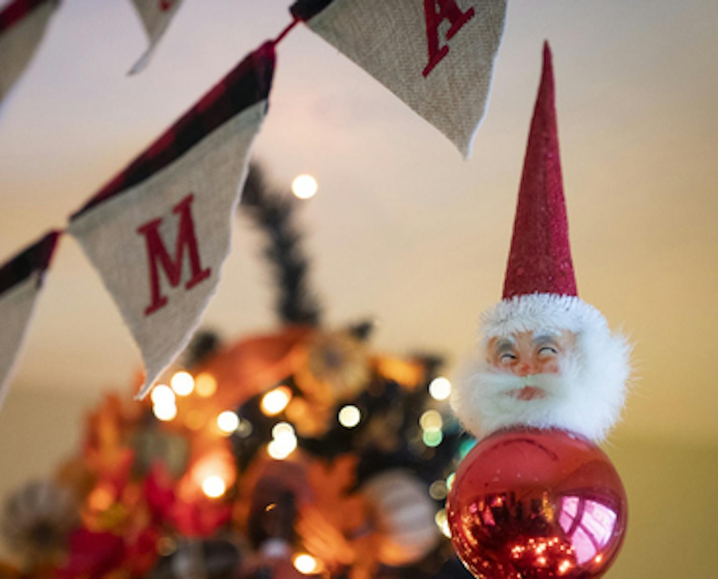 A Santa head tops a tree in the dining room.