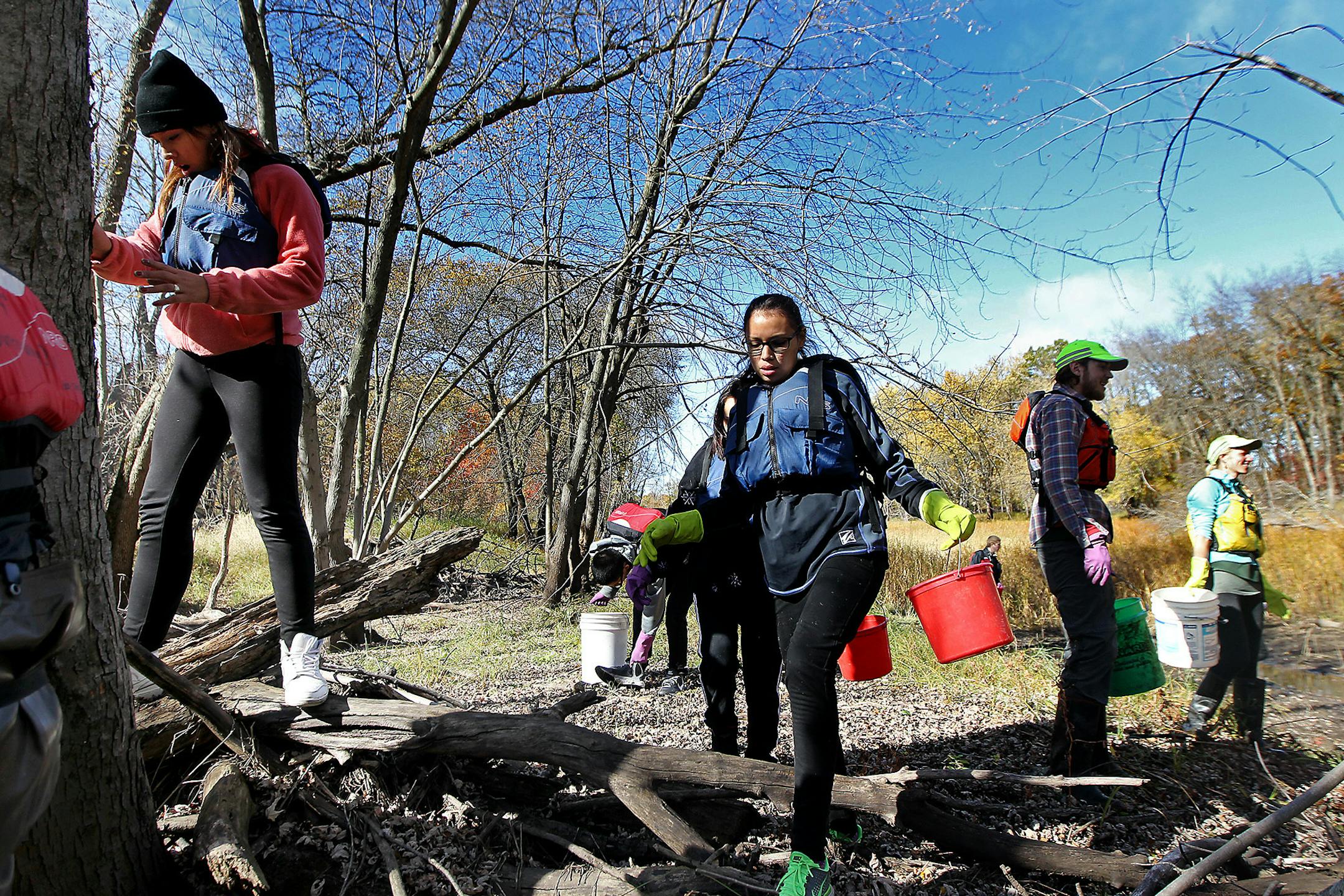 Takoda Prep students, including Leann Eagle Tail, center, made their way along the Rum River to help plant wild rice seeds, Tuesday, October 13, 2015 near Cambridge, MN.