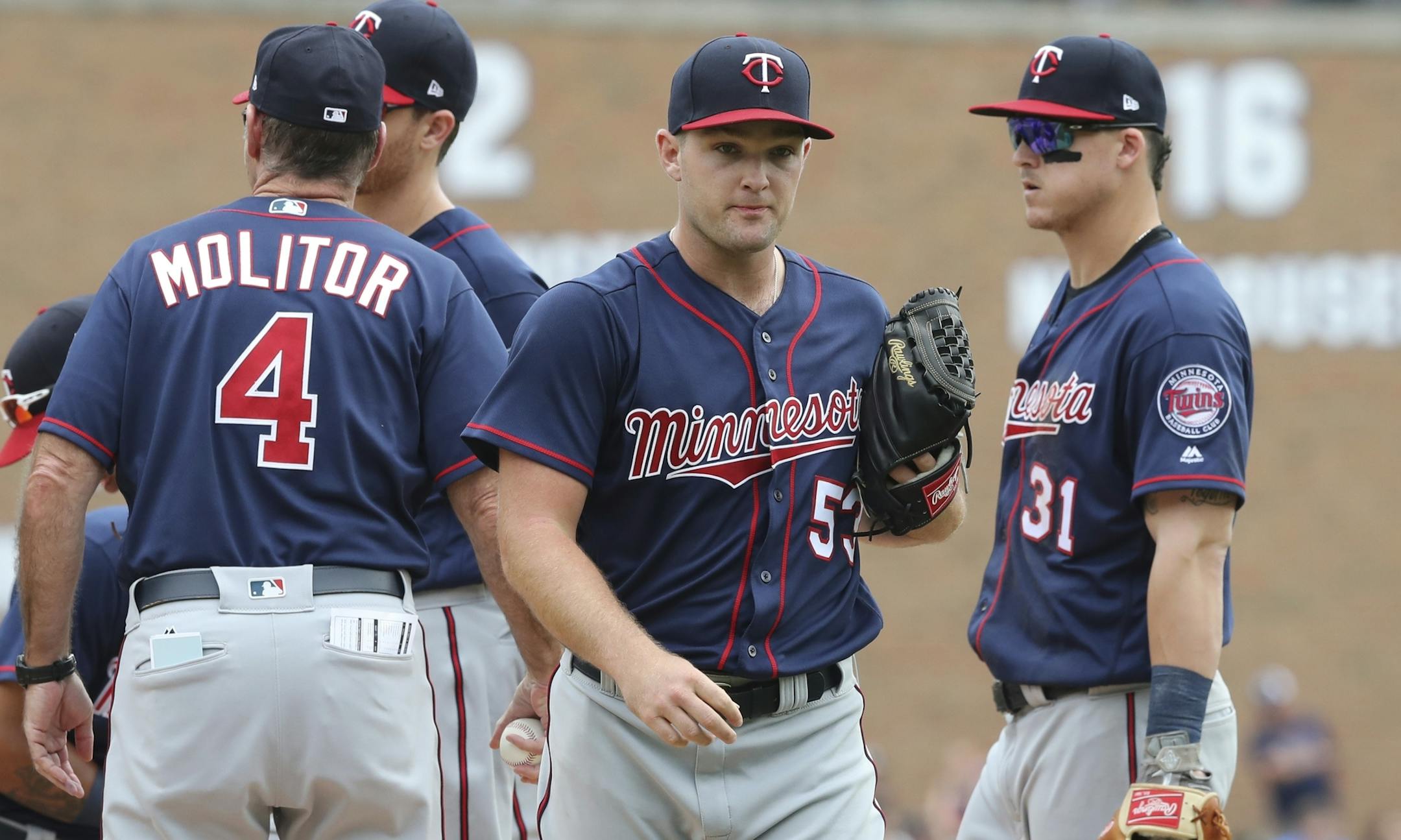 Minnesota Twins starting pitcher Kohl Stewart (53) is relieved during the fifth inning of a baseball game against the Detroit Tigers, Sunday, Aug. 12, 2018, in Detroit. (AP Photo/Carlos Osorio)