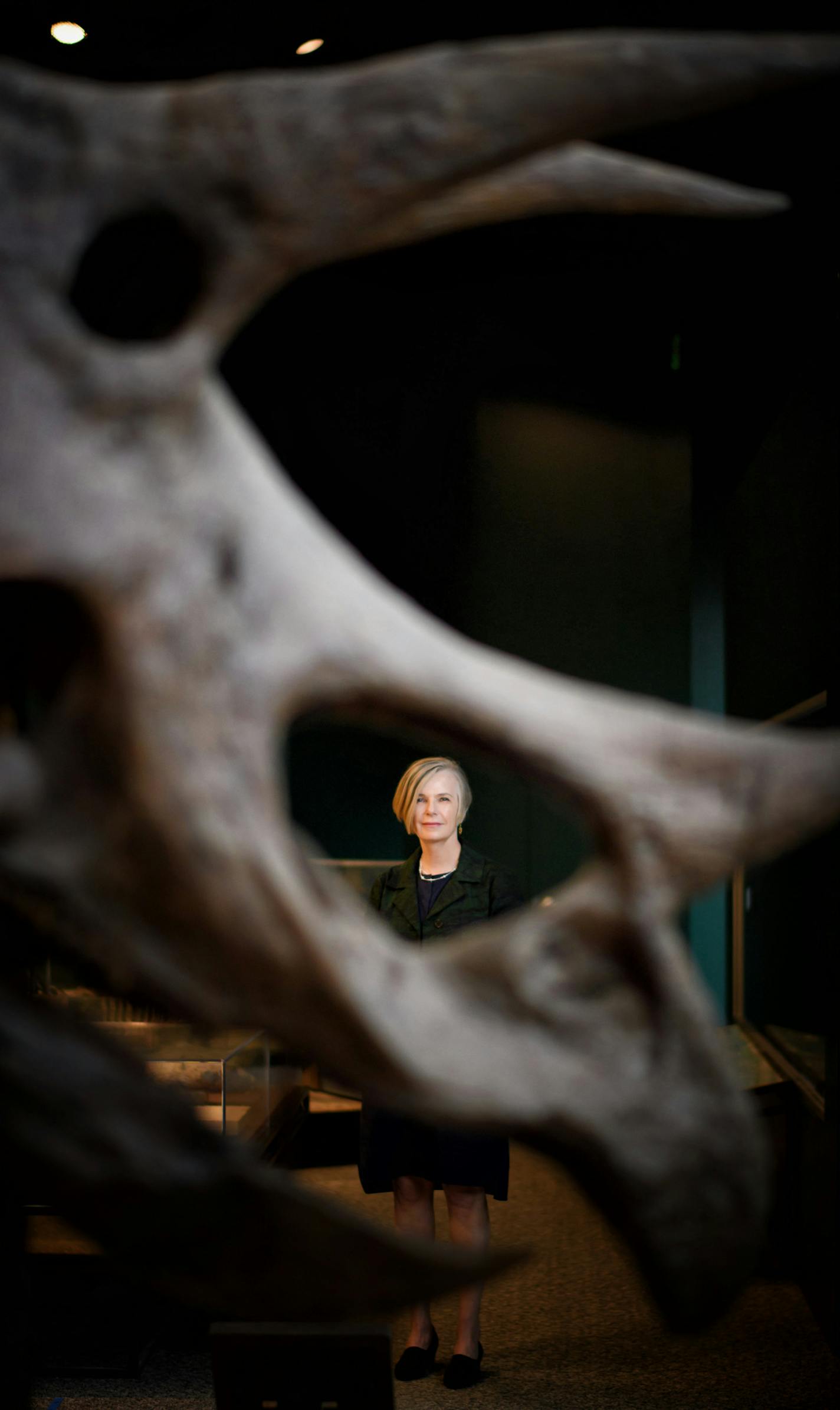 Alison Rempel Brown, the new president and CEO of the Science Museum of Minnesota, with the St. Paul museum's triceratops, one of only four real ones on display in the world.