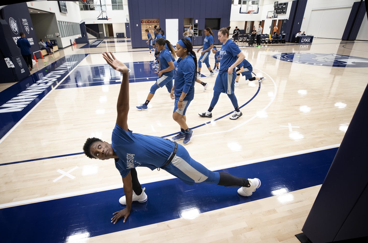 Sylvia Fowles stretched out during the first day of training camp.