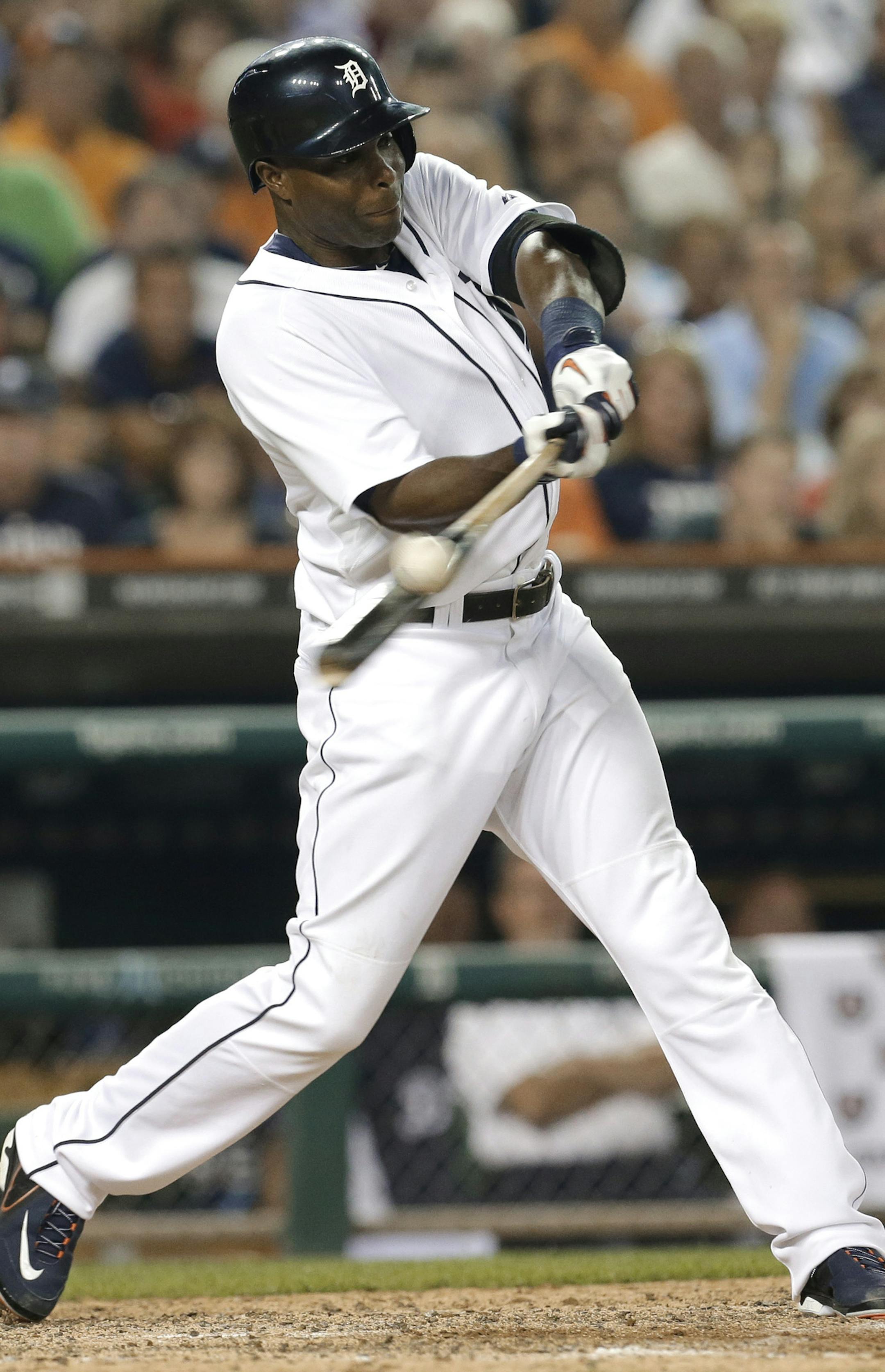 Detroit Tigers' Torii Hunter bats against the Minnesota Twins in the seventh inning of a baseball game in Detroit, Wednesday, Aug. 21, 2013. (AP Photo/Paul Sancya)