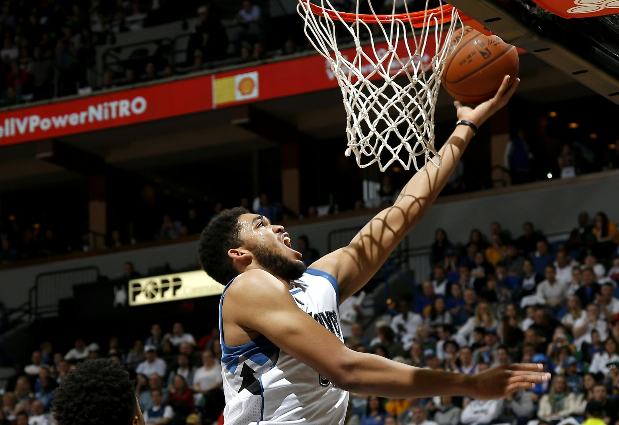 Wolves center Karl Anthony Towns is not afraid to go coast-to-coast with a rebound and put it in the basket.