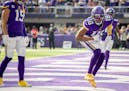 Vikings wide receiver Justin Jefferson (18) celebrated in the end zone after his touchdown Sunday, but the dancing was short-lived.