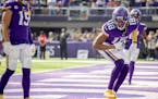 Vikings wide receiver Justin Jefferson (18) celebrated in the end zone after his touchdown Sunday, but the dancing was short-lived.