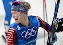 Jessie Diggins at the end of the Women's 4x5km Relay at Alpensia Cross-Country Centre during the Pyeongchang Winter Olympics on Saturday, Feb. 17, 201