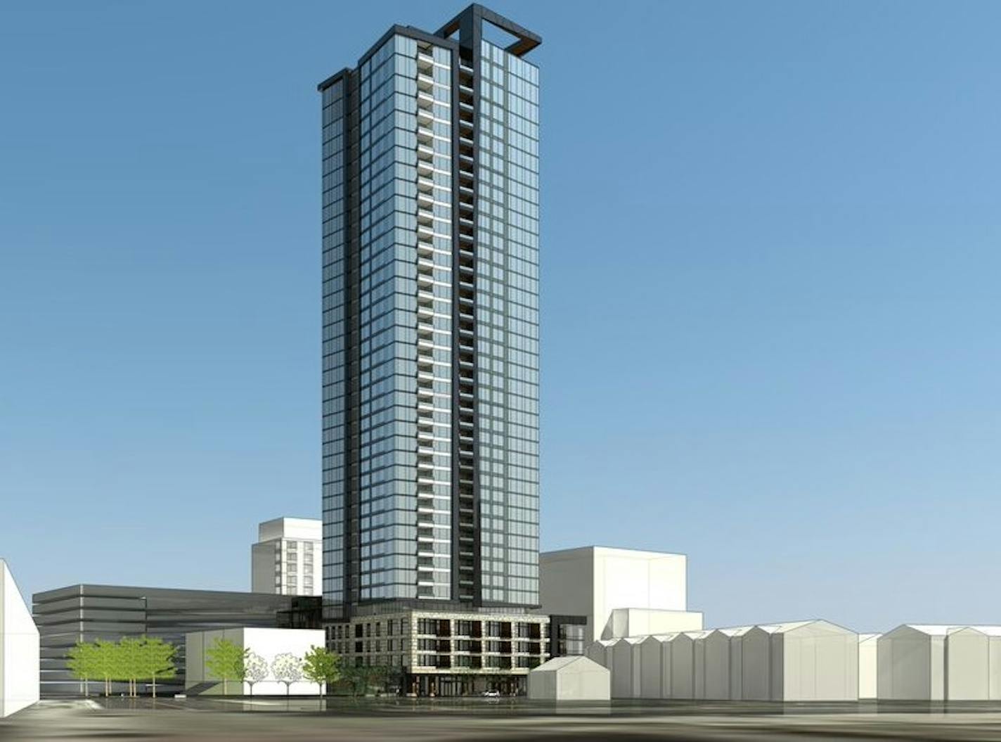 An early rendering of the 40-story condo tower Alatus would like to build just across the Mississippi River from downtown Minneapolis.