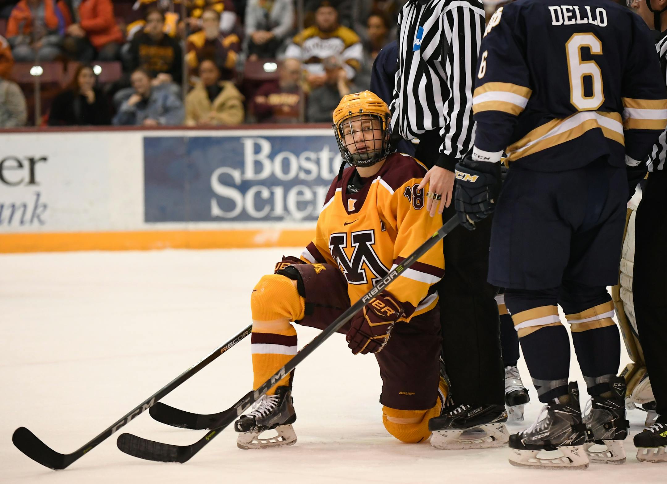 Minnesota Golden Gophers forward Leon Bristedt (18) looked on in frustration after being called for goalkeeping interference in the first period against the Notre Dame Fighting Irish. ] AARON LAVINSKY • aaron.lavinsky@startribune.com The University of Minnesota Golden Gophers mens' hockey team played No. 1 Notre Dame on Saturday, Jan. 27, 2018 at the 3M Arena at Mariucci in Minneapolis, Minn.