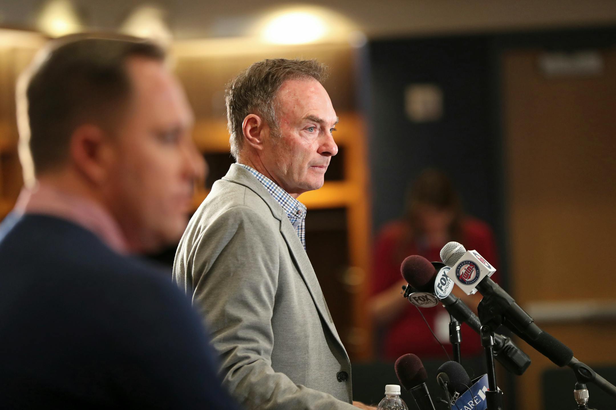 Twins baseball boss Derek Falvey, left, looked on as manager Paul Molitor spoke during an October news conference. Molitor was named AL Manager of the Year on Tuesday, after some postseason speculation that the Twins might not extend his contract.
