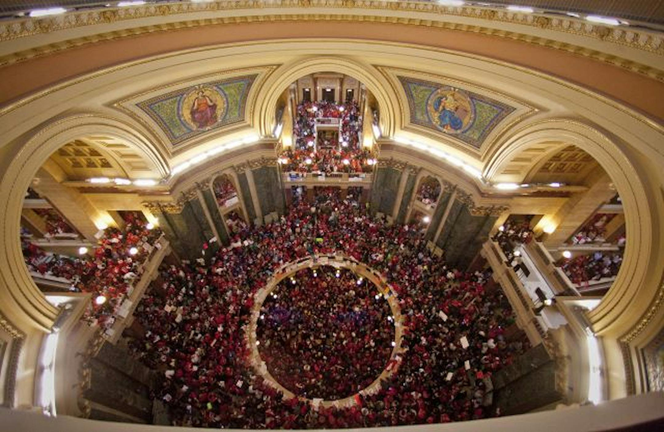 A view from the Capitol dome is seen as thousands rally inside of the State Capitol and jam the doors leading to the Senate in Madison, Wisconsin, Thursday, February 17, 2011. The crowd grows larger each day to protest Gov. Scott Walker's budget repair bill.