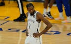 Brooklyn Nets forward Kevin Durant before an NBA basketball game against the Golden State Warriors in San Francisco, Saturday, Feb. 13, 2021. (AP Phot