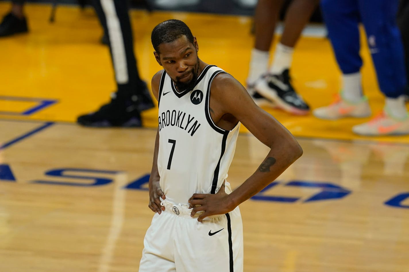 Brooklyn Nets forward Kevin Durant before an NBA basketball game against the Golden State Warriors in San Francisco, Saturday, Feb. 13, 2021. (AP Photo/Jeff Chiu)