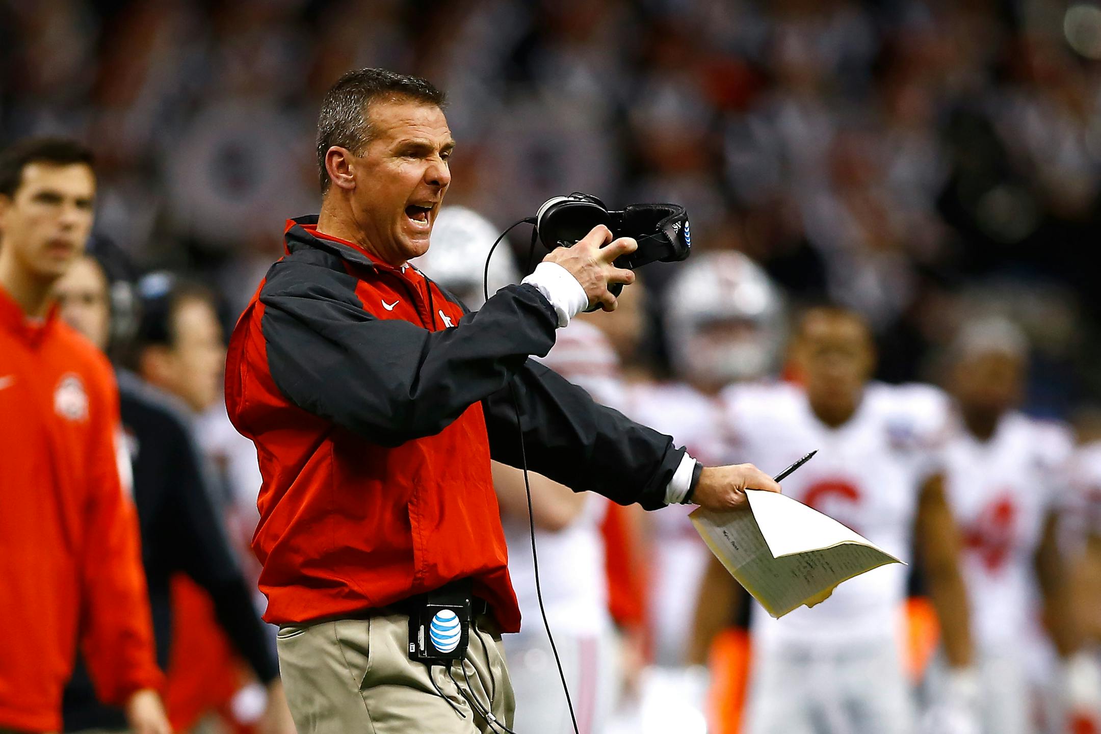 January 1, 2015: Ohio State Buckeyes head coach Urban Meyer reacts to a call during the Ohio State Buckeyes game versus the Alabama Crimson Tide in their College Football Playoff Semifinal played in the Allstate Sugar Bowl at the Mercedes-Benz Superdome in New Orleans, LA. (Icon Sportswire via AP Images) ORG XMIT: 241641