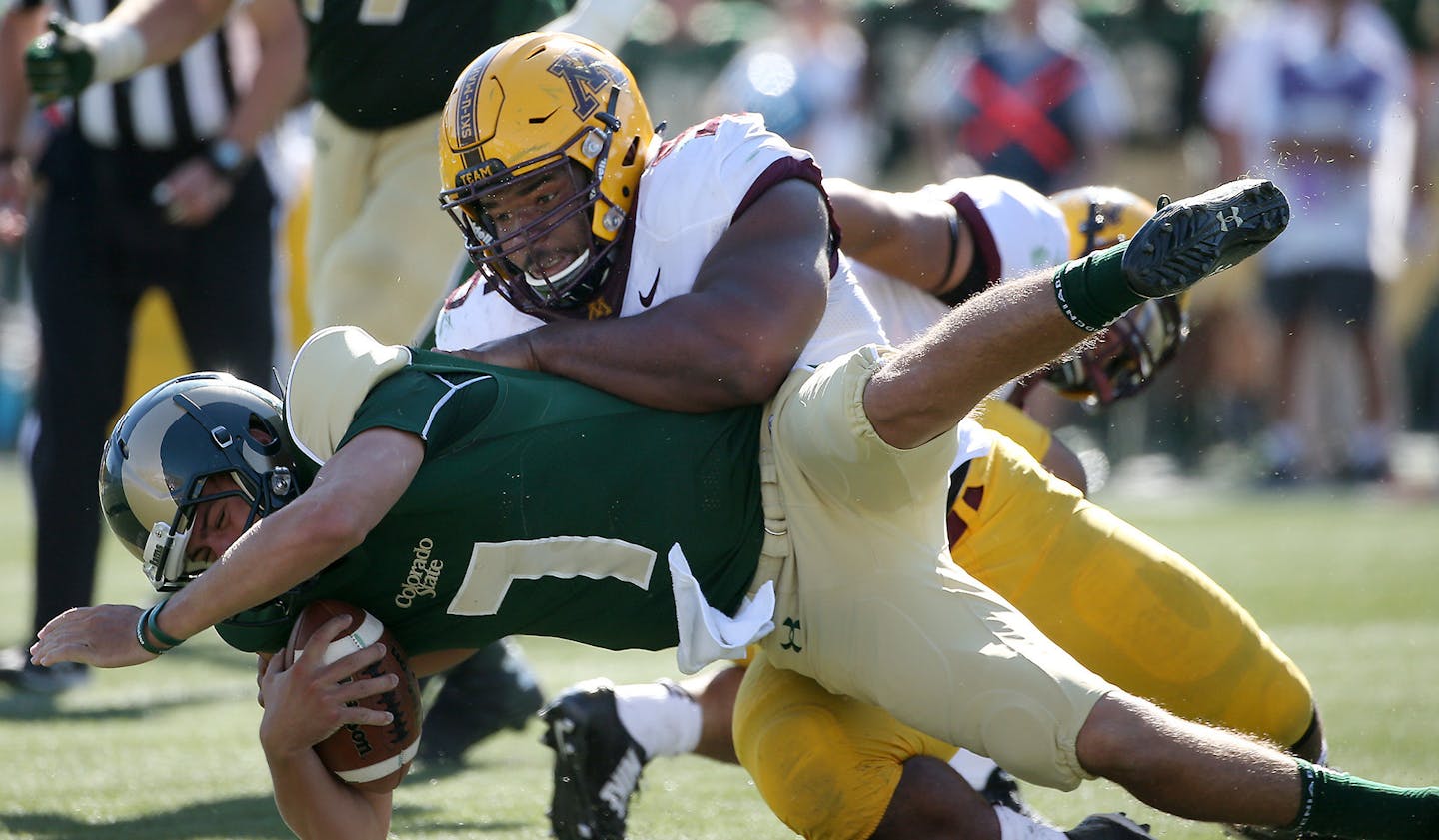 Minnesota defensive tackle Steven Richardson sacked Colorado State quarterback Nick Stevens in the third quarter as Minnesota took on Colorado State at Sonny Lubick Field at Hughes Stadium, Saturday, September 12, 2015 in Ft. Collins, CO. ] (ELIZABETH FLORES/STAR TRIBUNE) ELIZABETH FLORES &#xef; eflores@startribune.com