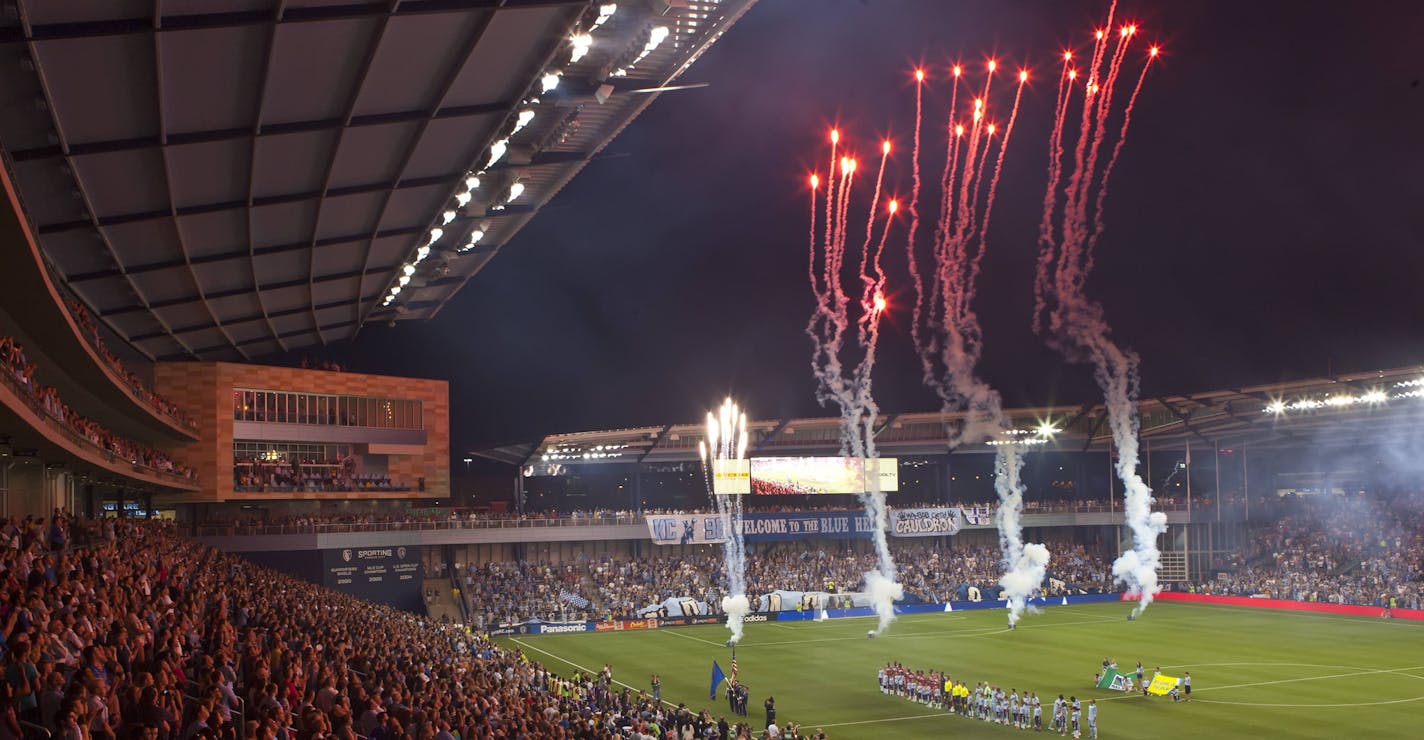 Fireworks erupted on the soccer pitch moments before Sporting Kansas City's first home game in their new stadium at the Legends on Thursday evening, June 9, 2011, at the inaugural game at Livestrong Sporting Park in Kansas City, Kan. DAVID EULITT/The Kansas City Star ORG XMIT: HM1LTV4C