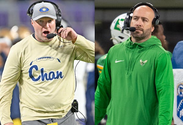 Chanhassen coach Cullen Nelson, left, and Edina coach Jason Potts went for the win in their respective Prep Bowl title games.