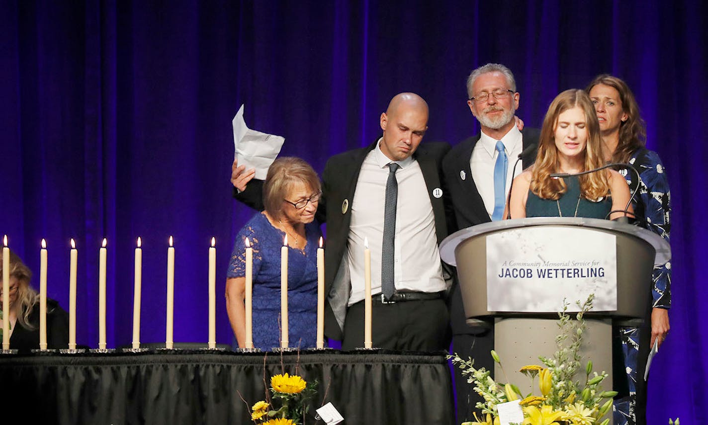 Jacob Wetterling's family, left to right, mother Patty, brother Trevor, father Jerry and sisters Carmen and Amy spoke during the service Sunday.