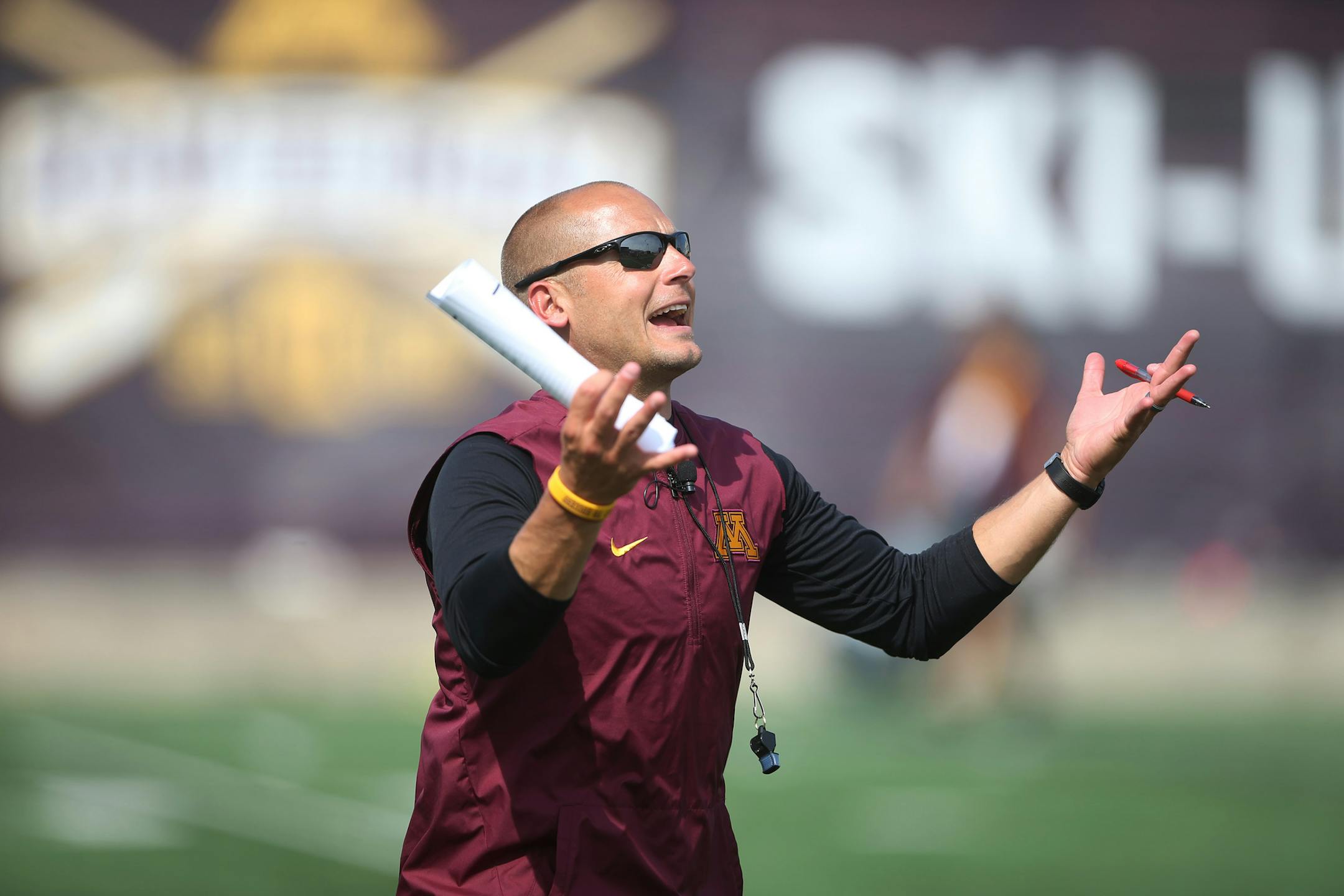 Minnesota football coach P.J. Fleck at practice earlier this week. On Thursday, he announced co-starters at quarterback.