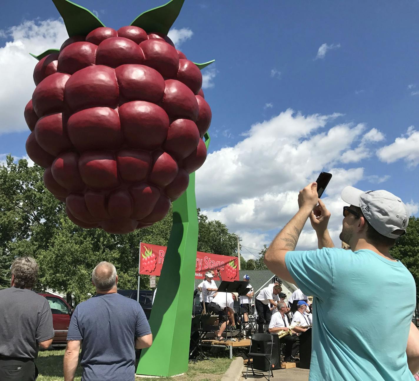 Spectators look up at Hopkins' new raspberry monument, unveiled just off of Mainstreet Hopkins on Saturday, July 8.