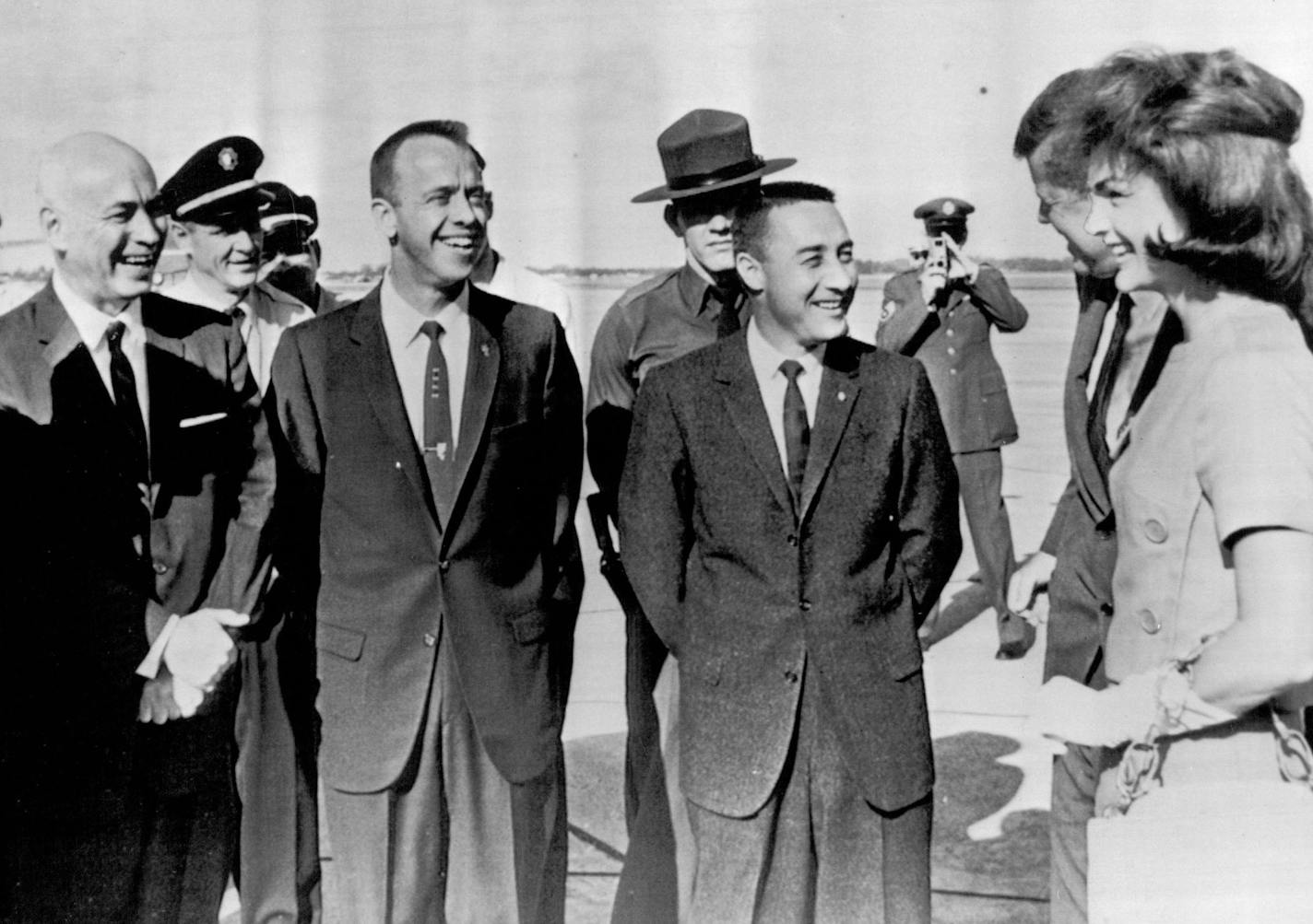 February 27, 1962 FROM LEFT, FRONT ROW, JOHN GLENN, ROBERT GILRUTH, AL SHEPARD, GUS GRISSOM, PRESIDNET AND WIFE At West Palm Beach, Fla., before flight to Washington, D.C. AP Wirephoto; Minneapolis Star Tribune ORG XMIT: MIN2015041715095538