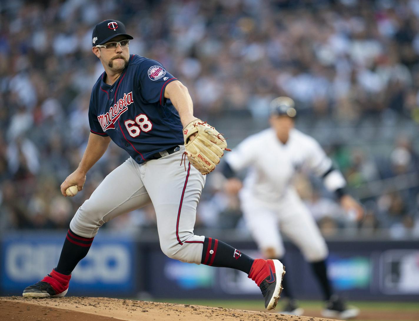 Minnesota Twins starting pitcher Randy Dobnak throwing to the Yankees in the first inning. ] JEFF WHEELER &#x2022; jeff.wheeler@startribune.com The Minnesota Twins met the New York Yankees met in Game 2 of their American League Division Series Saturday night, October 5, 2019 at Yankee Stadium in New York.