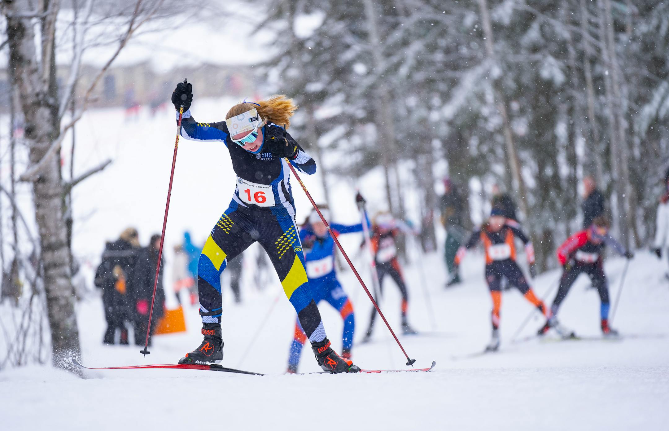 Sartell/St. Cloud Cathedral nordic skier Lillian Jamison (16) competes in the girl's team sprint qualification race during the MSHSL Boys and Girls Nordic Ski Racing Meet.